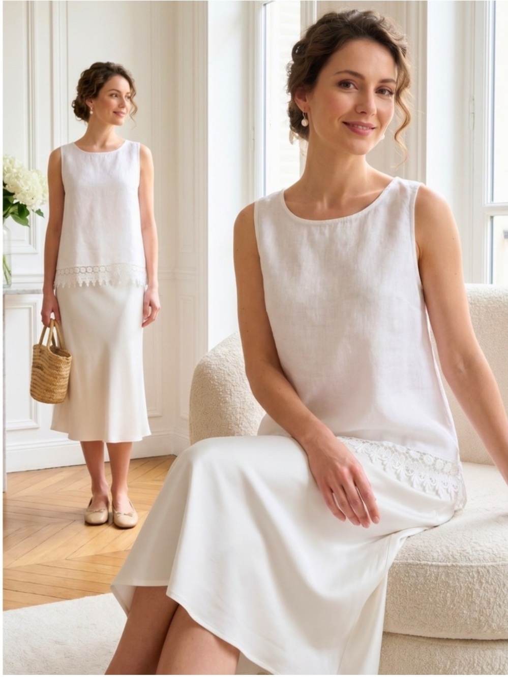 Terzo Millennio 100% Linen Sleeveless White Top Lace Hem Small